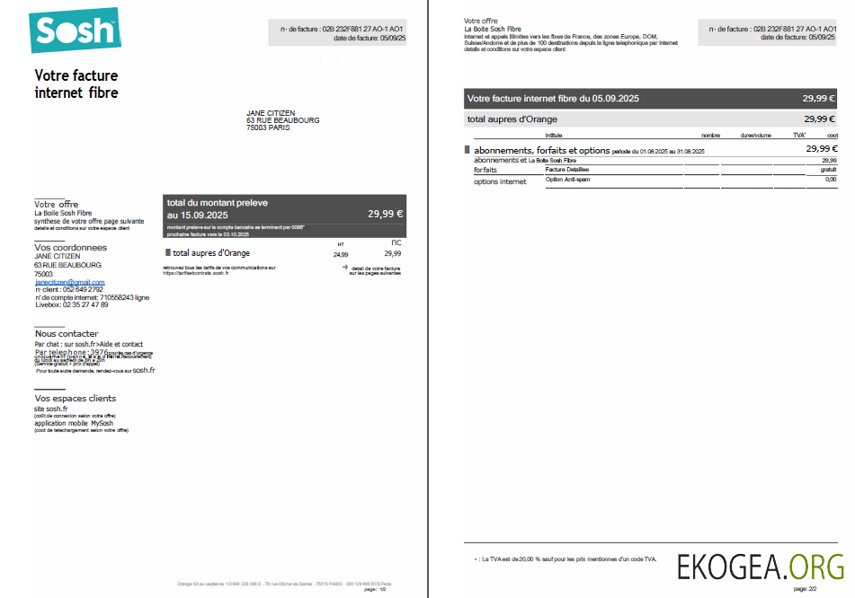 France Sosh utility bill template in Word and PDF formats, 2 pages